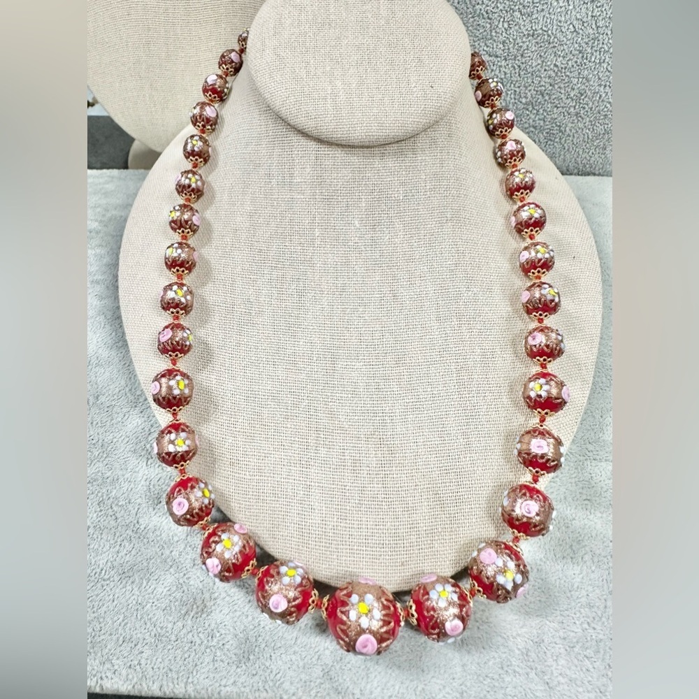 Vintage Made in Italy Venetian RED Wedding Cake Glass Beaded Vintage Necklace